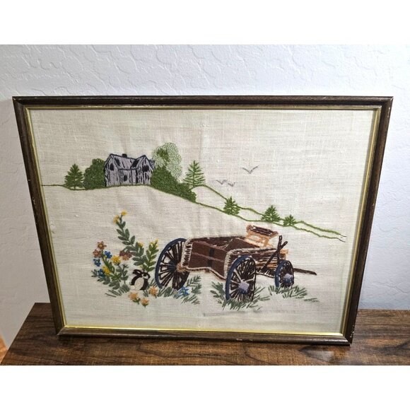 Vintage Framed Crewel #313 Old Wagon Wheel Farmhouse Landscape 17"x13" Rustic - Picture 2 of 14